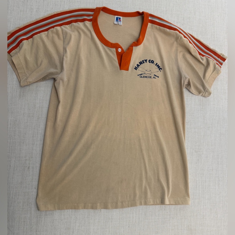 Russell Athletic Beige Tee with Orange Trim & Stripes